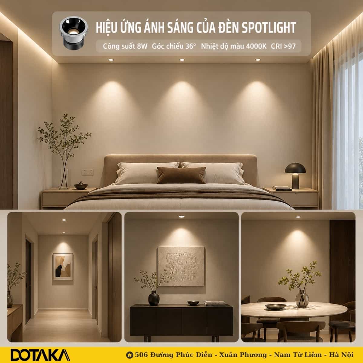 Spotlight trong phòng ngủ, hành lang, góc console và khu bàn ăn.