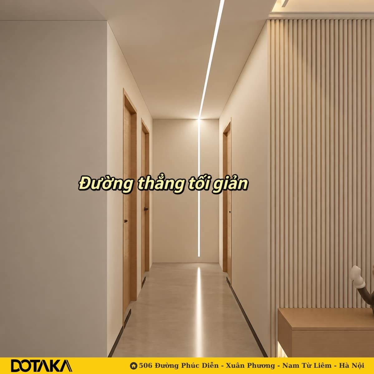 Một đường sáng dọc tim trần, nối xuống tường cuối và phản chiếu trên sàn – tối giản nhưng có chiều sâu.
