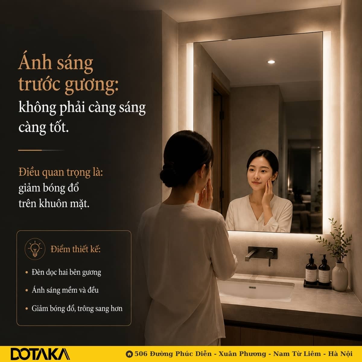 Ánh sáng trước gương sai cách — quá chói và gây bóng đổ