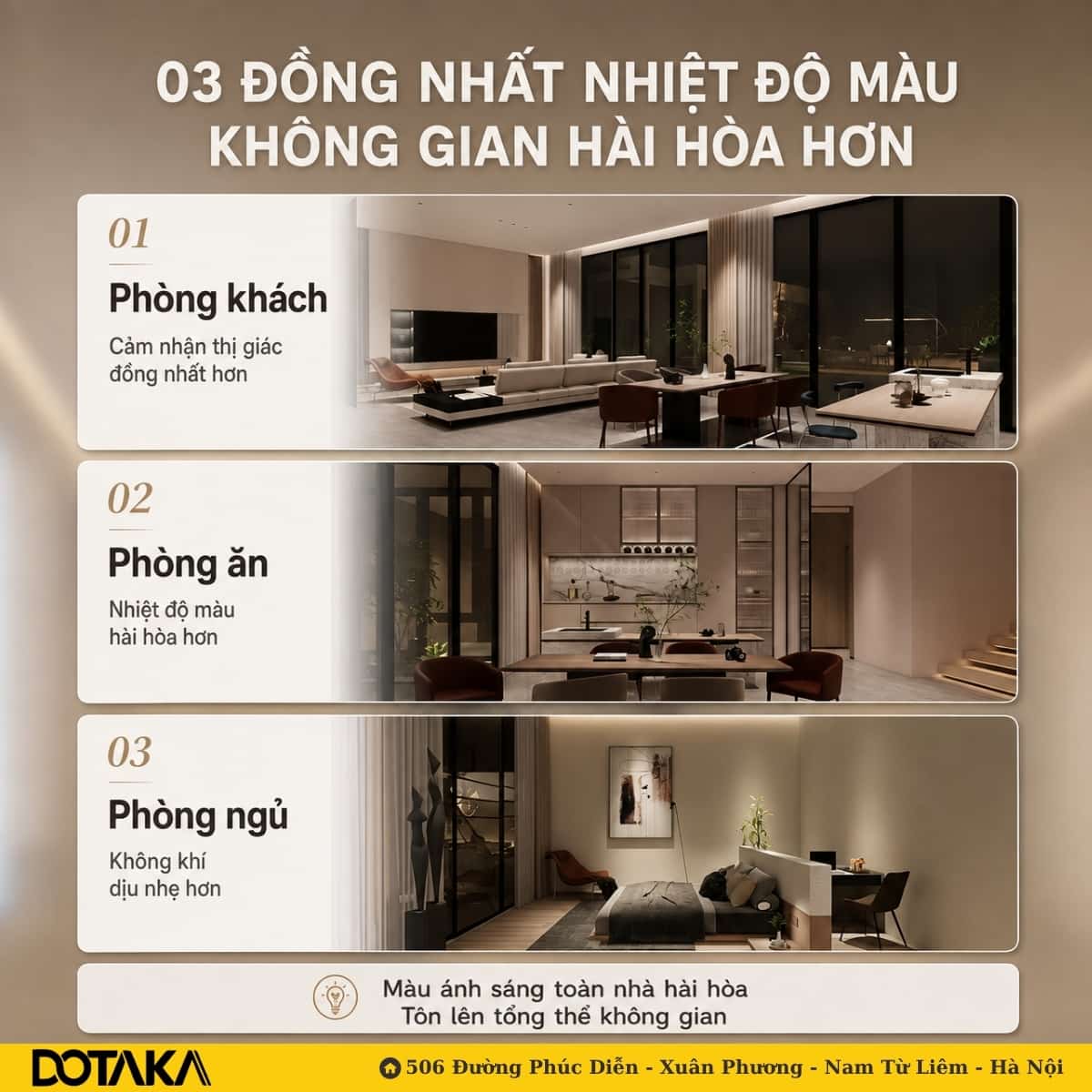 Đồng nhất nhiệt độ màu giúp không gian hài hòa hơn khi bố trí chiếu sáng nhà lớn