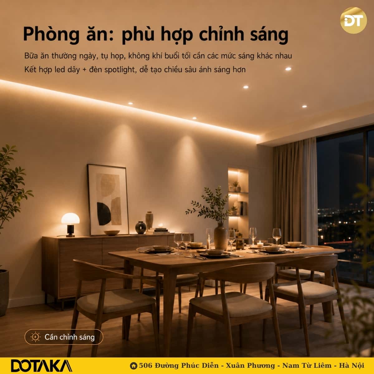 Phòng ăn phù hợp lắp đèn thông minh để chỉnh sáng theo bữa ăn