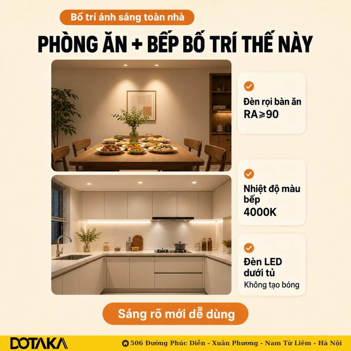 so sánh mặt bàn bếp trước/sau khi lắp LED dưới tủ trên