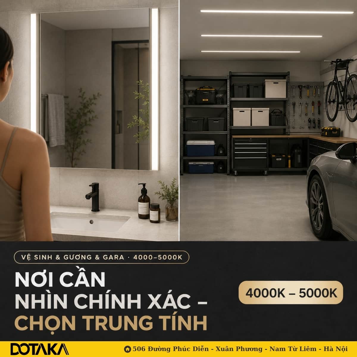 Vệ sinh, gương trang điểm và gara — nơi cần nhìn chính xác, chọn ánh sáng trắng trung tính