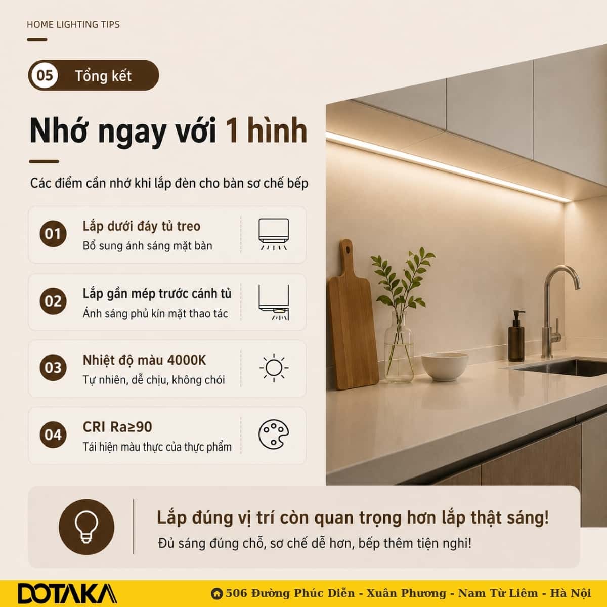 Tổng kết 4 điểm cần nhớ khi lắp đèn LED dưới tủ bếp cho bàn sơ chế