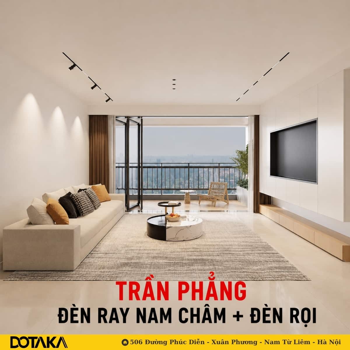 Trần phẳng: không hốc, không cấp — toàn bộ hiệu ứng đến từ ray nam châm gắn nổi và hướng chiếu của đèn rọi.