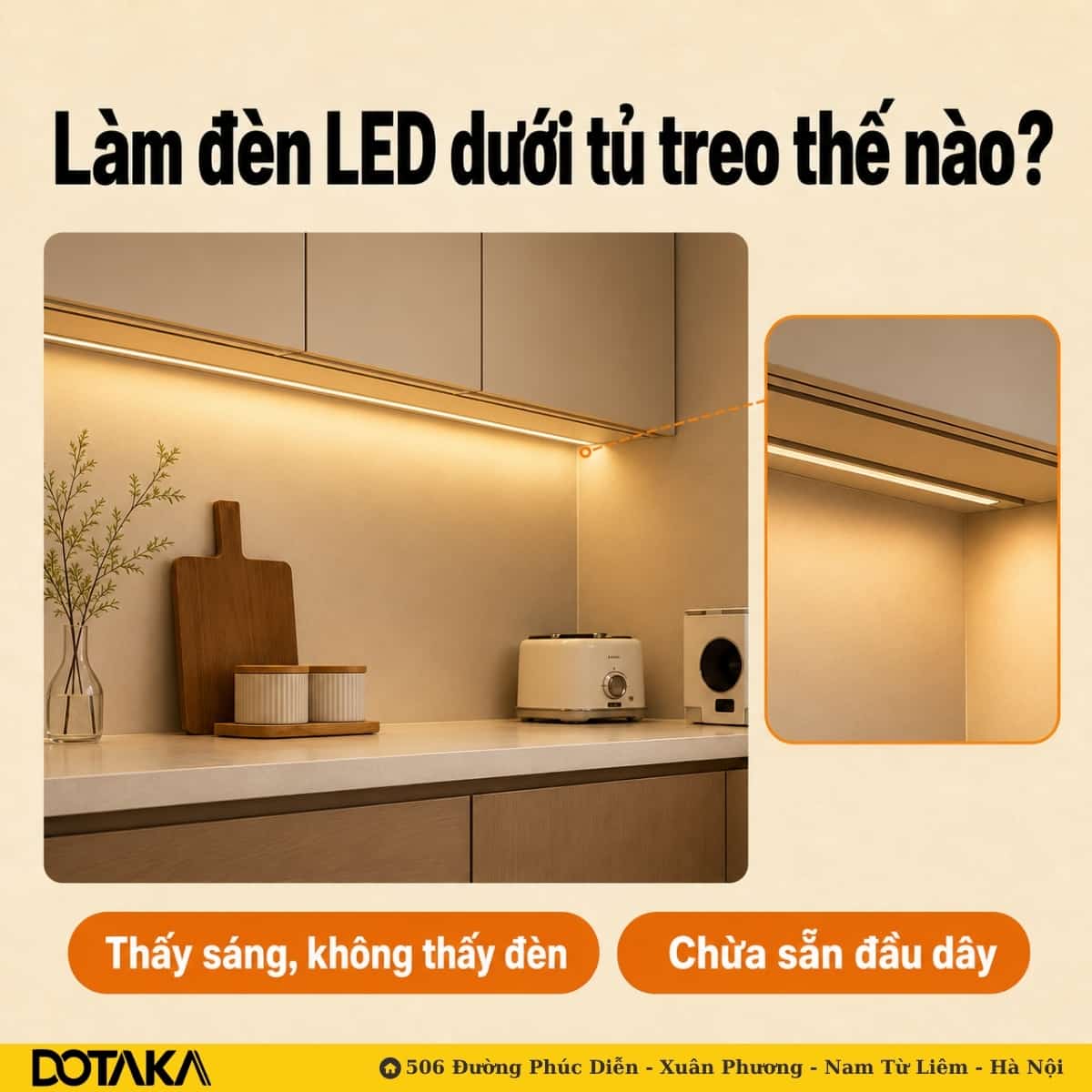 Dải LED nằm khuất trong thanh nhôm dưới đáy tủ: mắt chỉ thấy mặt bàn sáng đều, không thấy đèn.