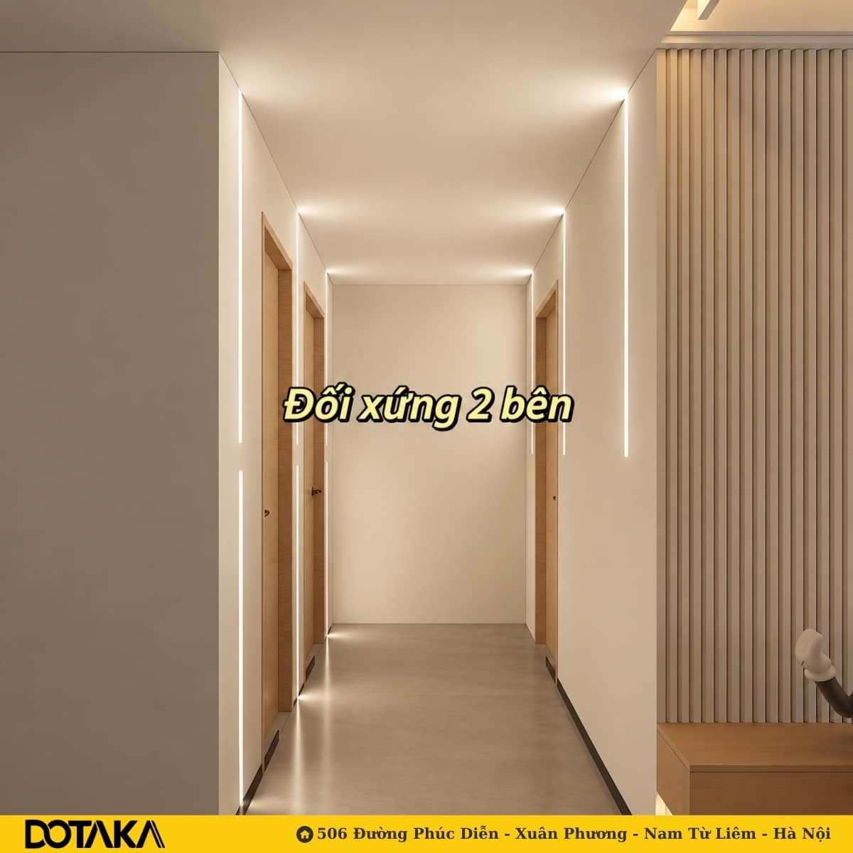 Các vạch sáng đứng đặt đối xứng hai bên tường tạo nhịp điệu đều đặn như một hàng cột.