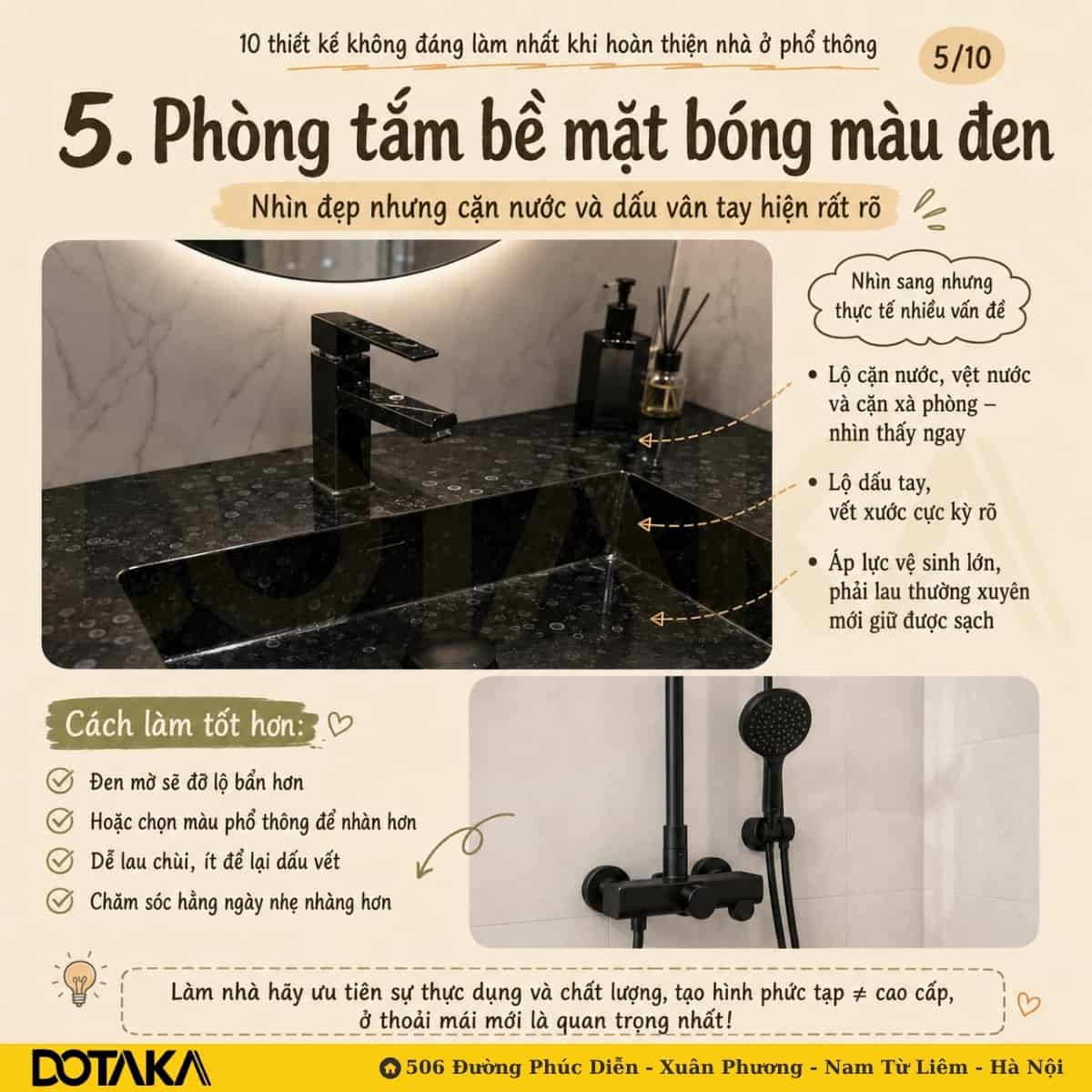 Sai lầm 5: Ốp phòng tắm bề mặt bóng màu đen lộ rõ vết bẩn
