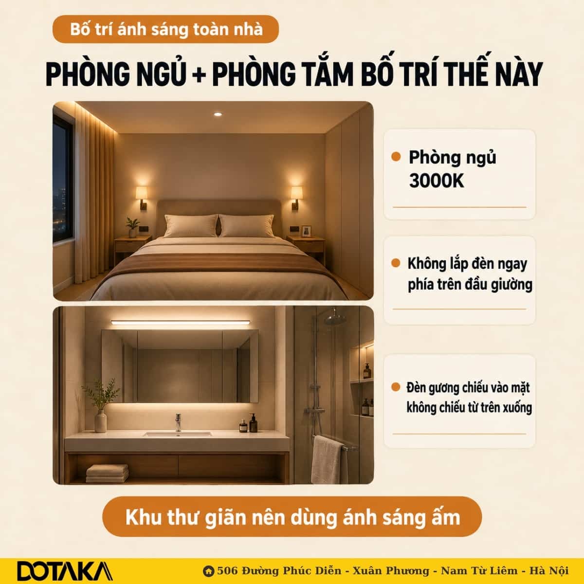 phòng ngủ có LED hắt tab đầu giường và len chân tường LED phát sáng