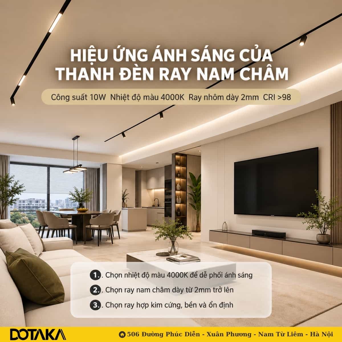 Thanh đèn ray nam châm kết hợp dải tán quang và đèn tiêu điểm trên trần phẳng.