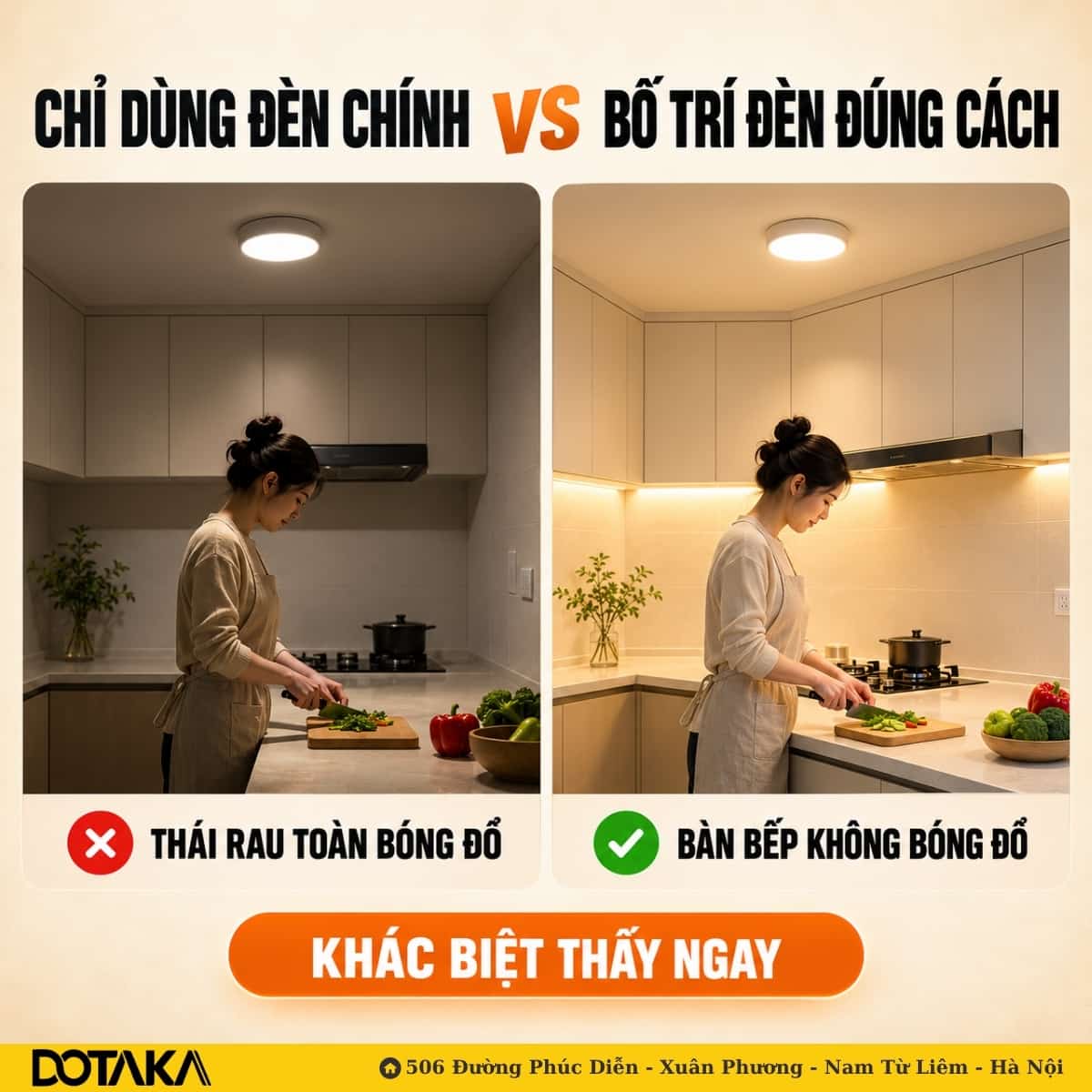 Bên trái: chỉ có đèn trần, thớt rau nằm trong bóng người. Bên phải: thêm LED dưới tủ, mặt bàn sáng đều.