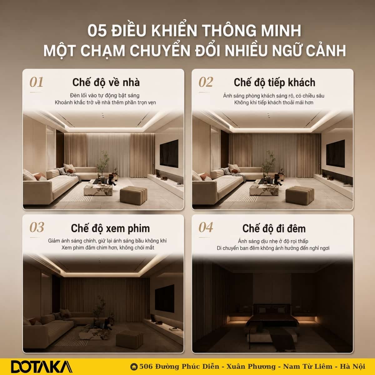 Điều khiển thông minh một chạm chuyển đổi nhiều ngữ cảnh khi bố trí chiếu sáng nhà lớn