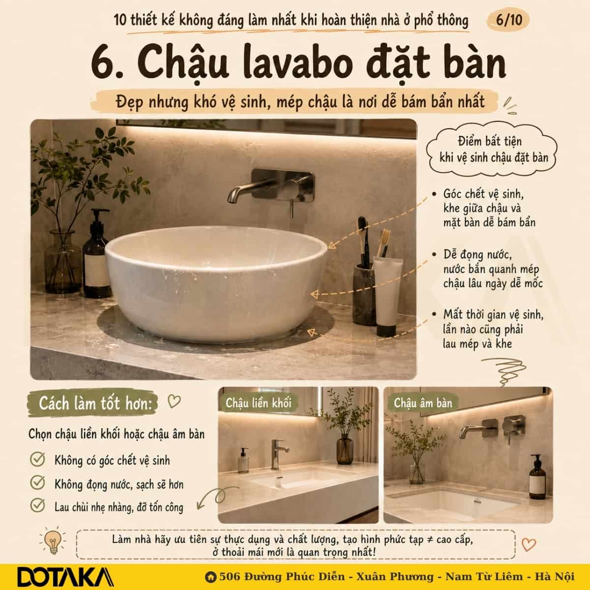 Sai lầm 6: Chọn chậu lavabo đặt bàn tạo góc chết khó vệ sinh