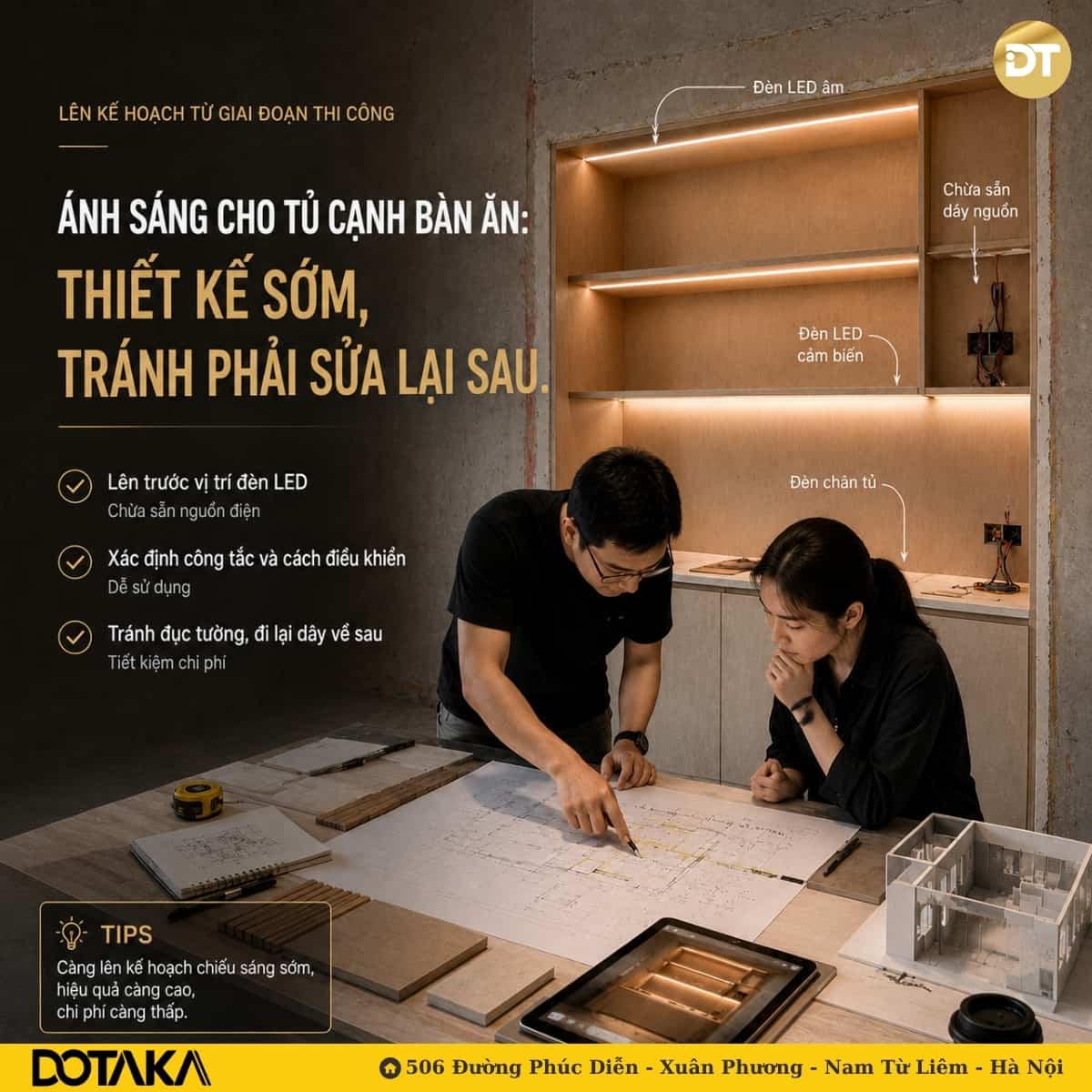 Lên kế hoạch thi công đèn chiếu sáng tủ: Thiết kế sớm, tránh đục phá