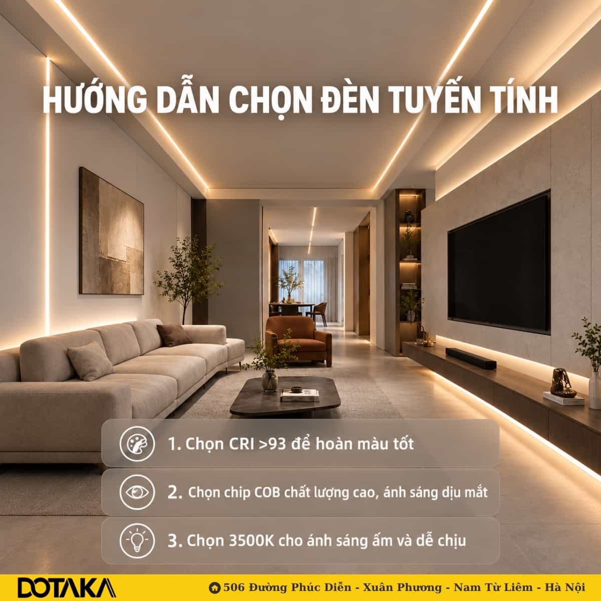 Các đường sáng tuyến tính âm trần dẫn hướng nhìn từ phòng khách vào sâu trong nhà.