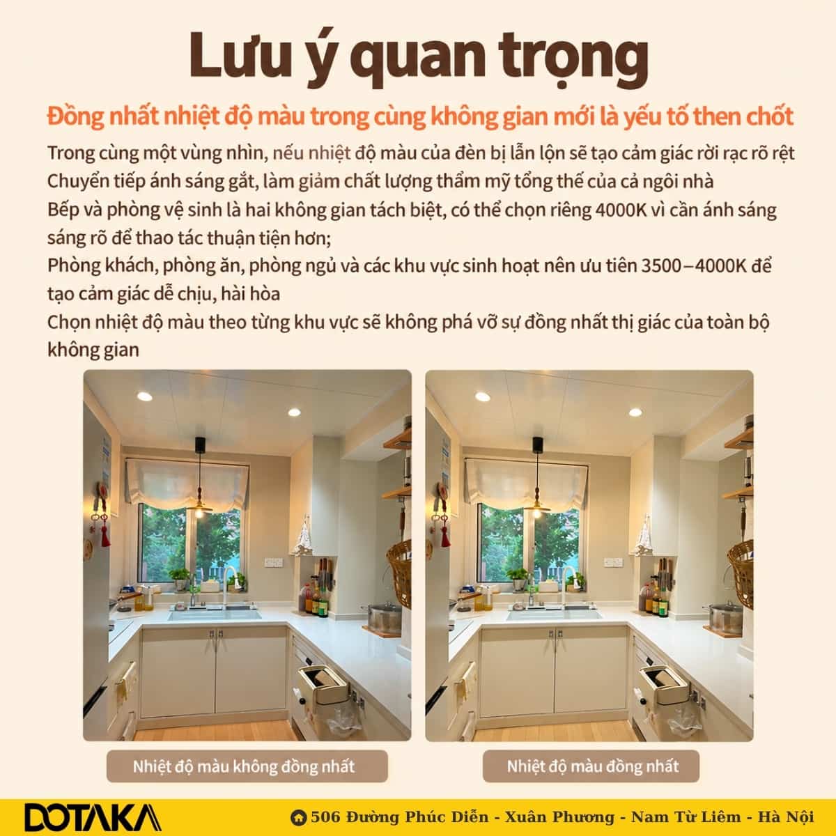 Cùng một căn bếp: nhiệt độ màu không đồng nhất (trái) và đồng nhất (phải).