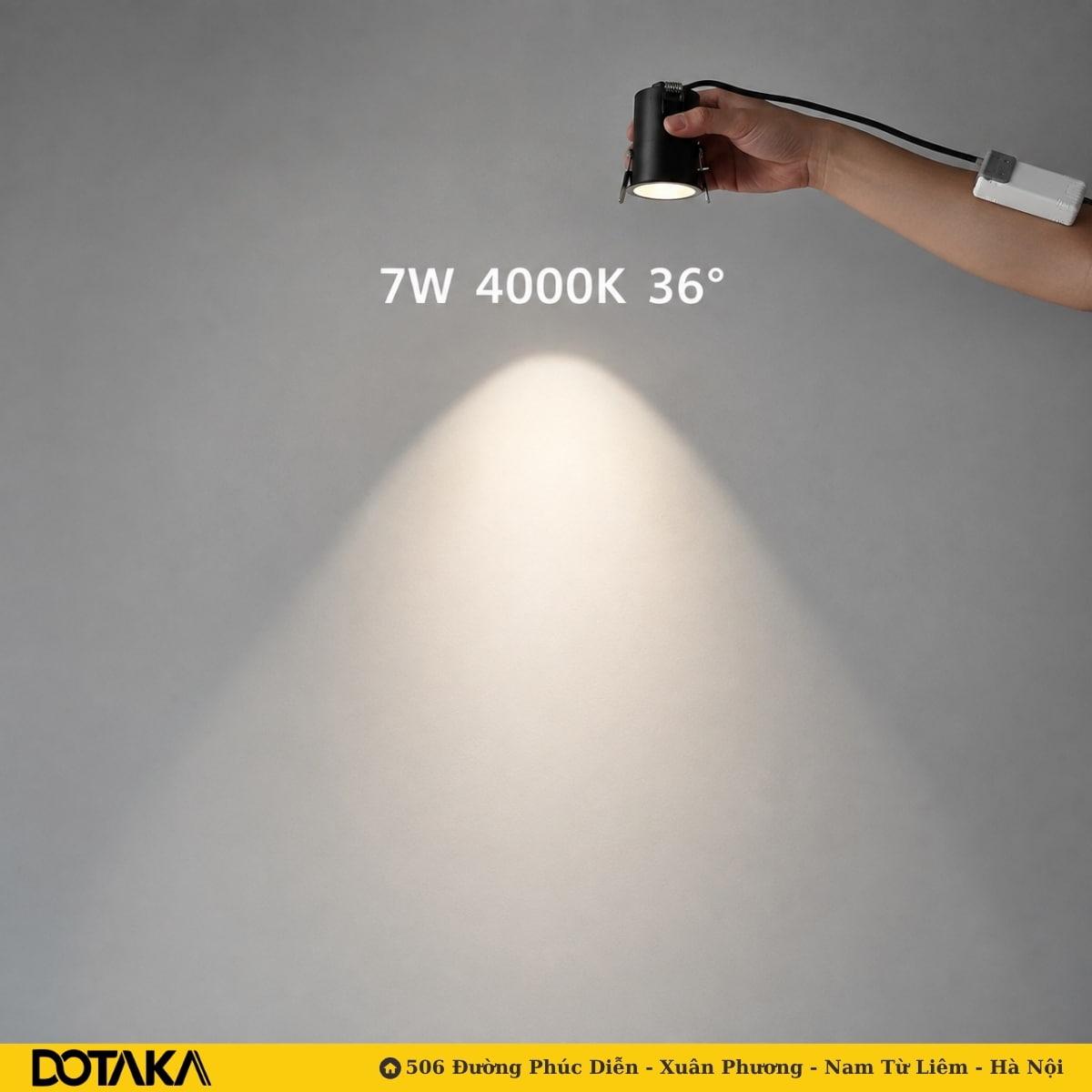 Vệt sáng 4000K, 7W, góc chiếu 36° — ánh sáng trong, sạch, không ngả vàng.