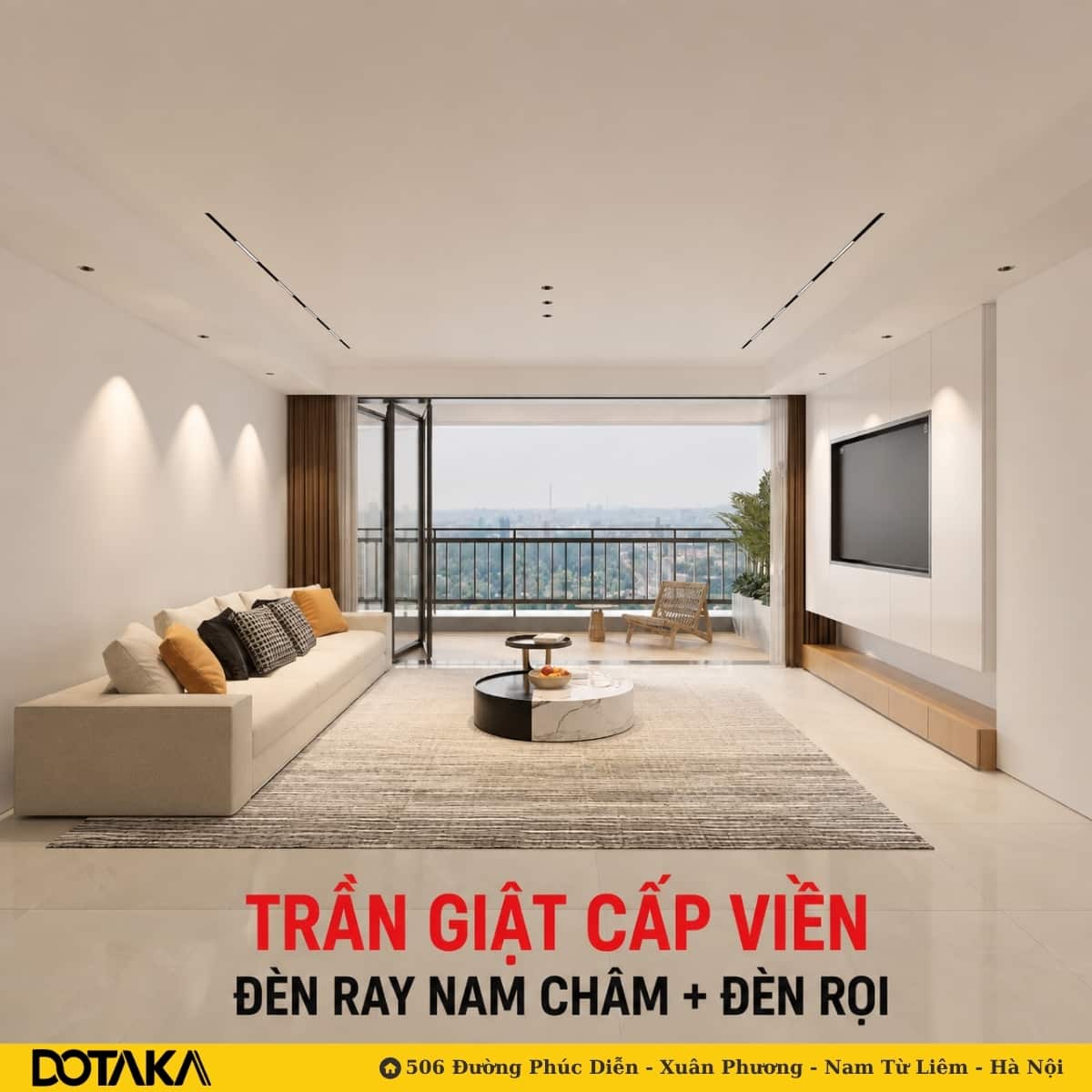 Trần giật cấp viền: phần giật cấp chạy dọc mép trần, ánh sáng đến hoàn toàn từ ray nam châm và đèn rọi.