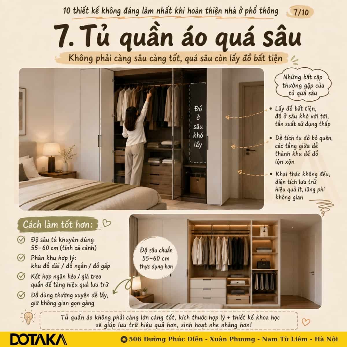 Sai lầm 7: Đóng tủ quần áo quá sâu khiến việc lấy đồ bất tiện