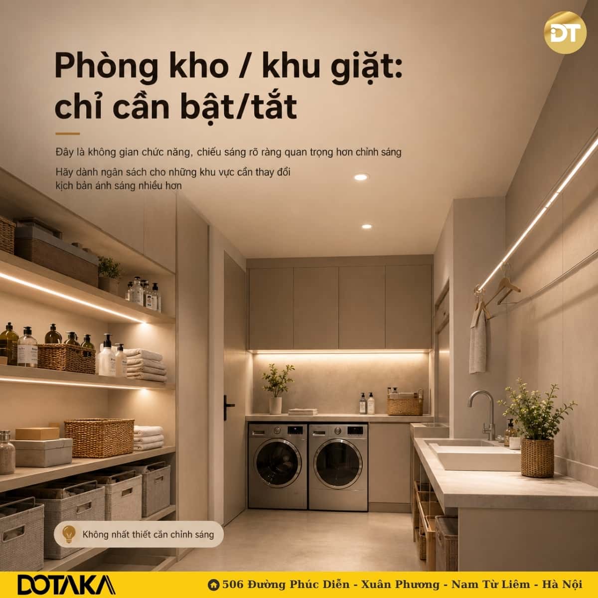 Phòng kho và khu giặt chỉ cần đèn bật tắt, ưu tiên chiếu sáng rõ ràng