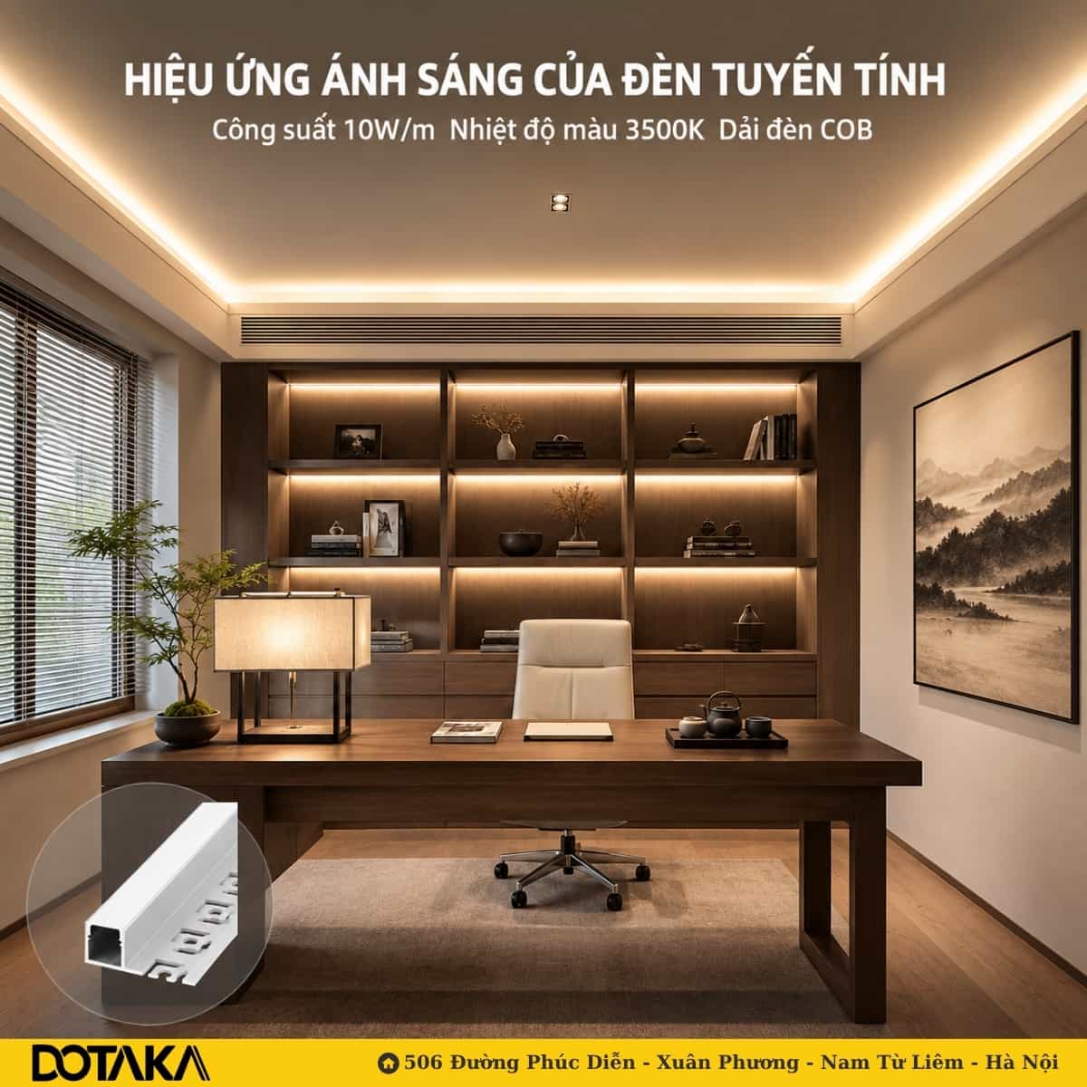 Dải COB 3500K hắt trần giật cấp và chiếu sáng từng đợt kệ sách phòng làm việc.