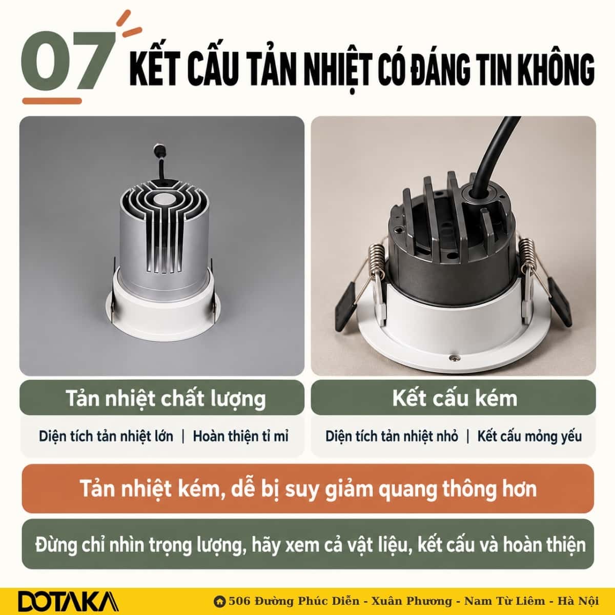 Trái: tản nhiệt diện tích lớn, hoàn thiện tỉ mỉ. Phải: diện tích tản nhiệt nhỏ, kết cấu mỏng yếu.