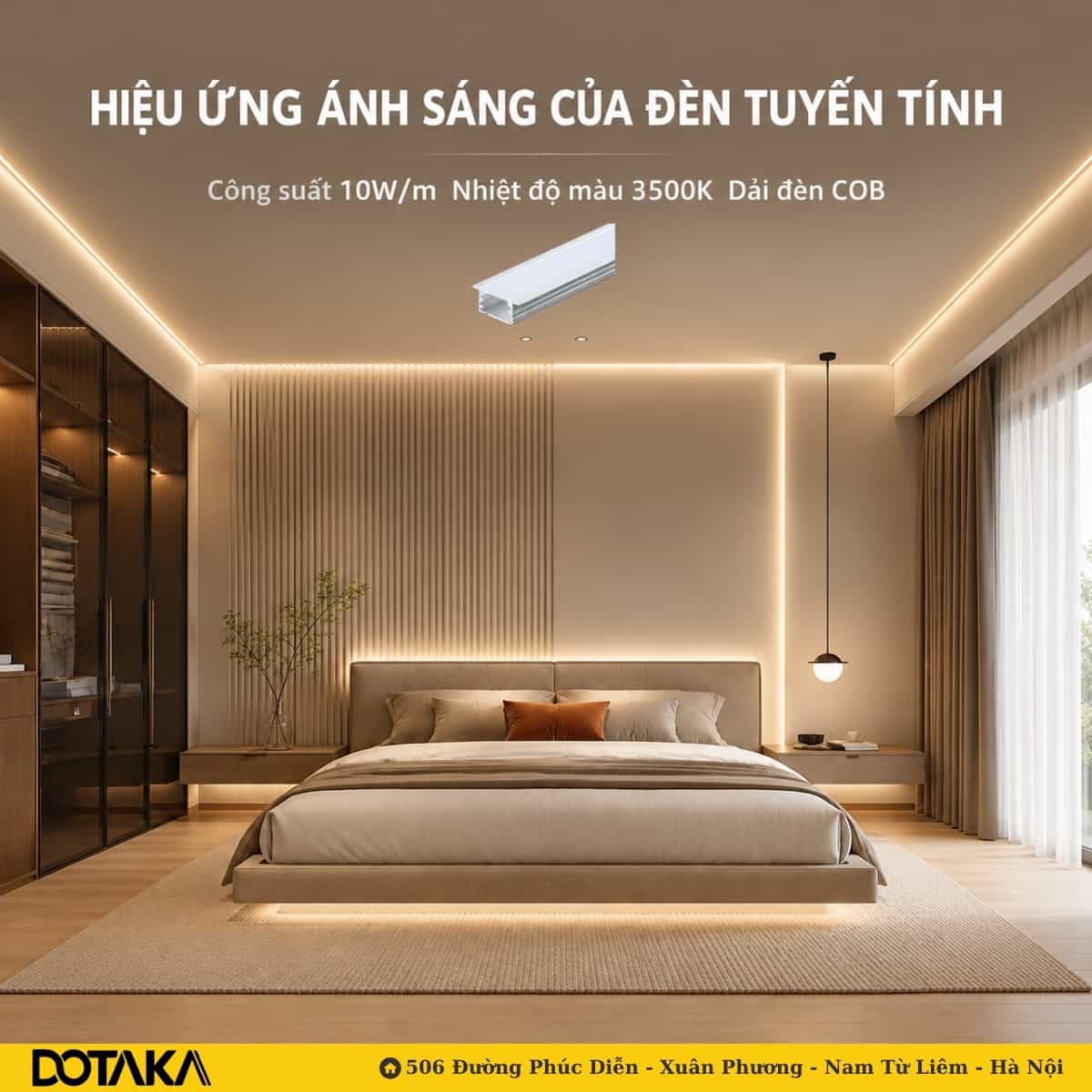 Đường sáng tuyến tính định hình kiến trúc phòng ngủ theo phong cách tối giản.