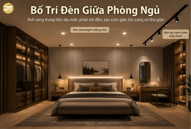 Bố Trí Chiếu Sáng Phòng Ngủ Khu Vực Giữa Phòng