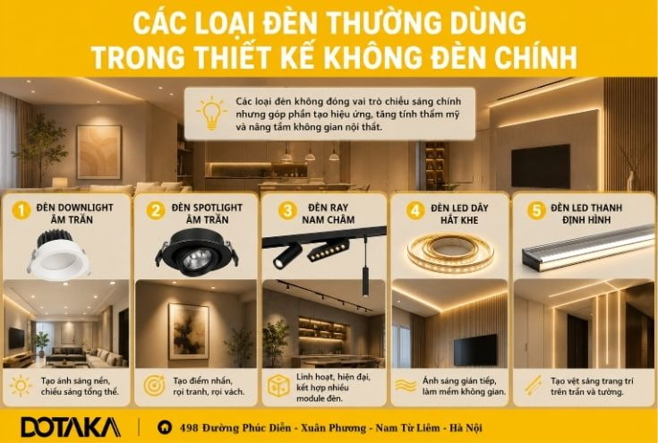 Các loại đèn thường dùng trong thiết kế chiếu sáng không đèn chính