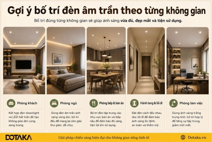 Gợi ý bố trí đèn trong chiếu sáng âm trần hiện đại theo từng không gian