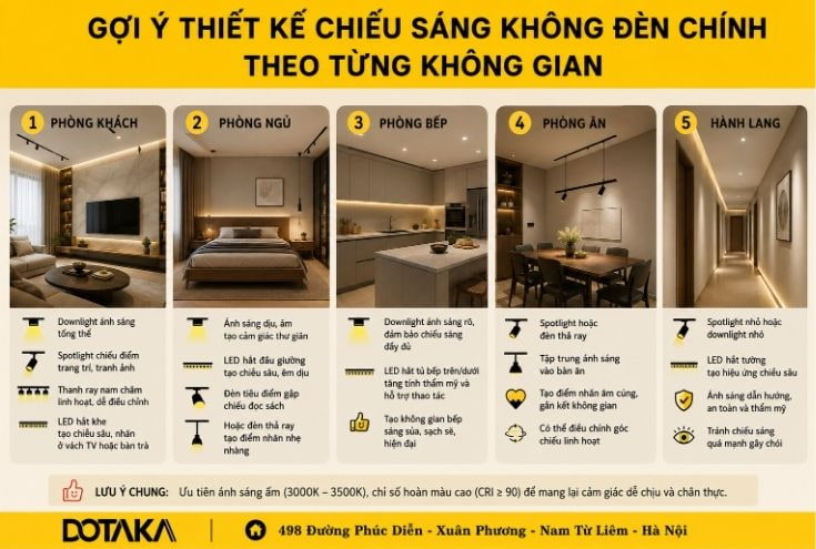 Gợi ý thiết kế chiếu sáng không đèn chính theo từng không gian