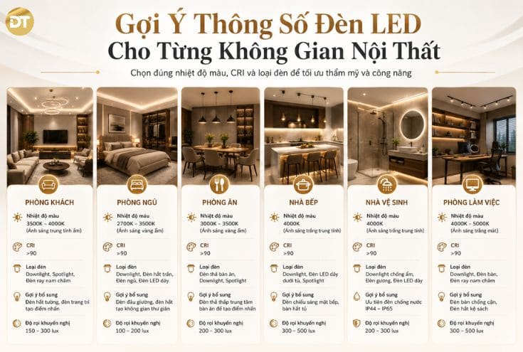 Gợi ý thông số đèn LED cho từng không gian nội thất