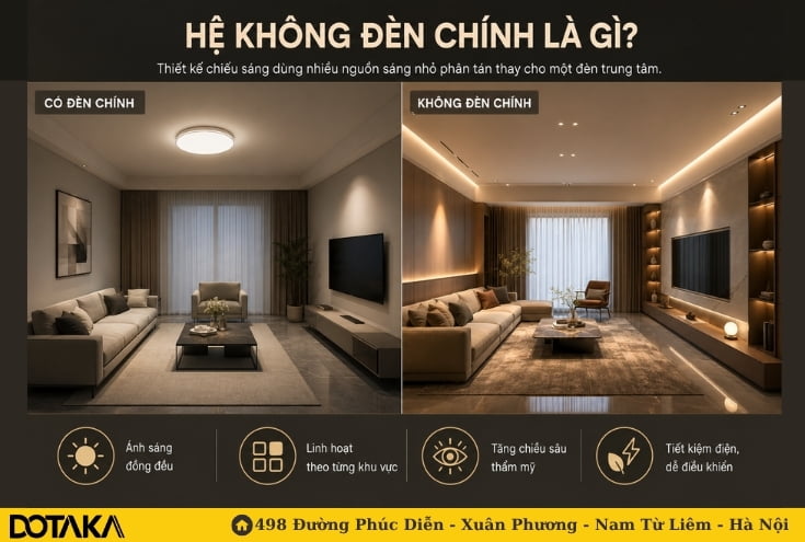 So sánh trực quan: phòng dùng đèn ốp trần trung tâm (trái) và phòng thiết kế theo hệ chiếu sáng phân tán (phải).