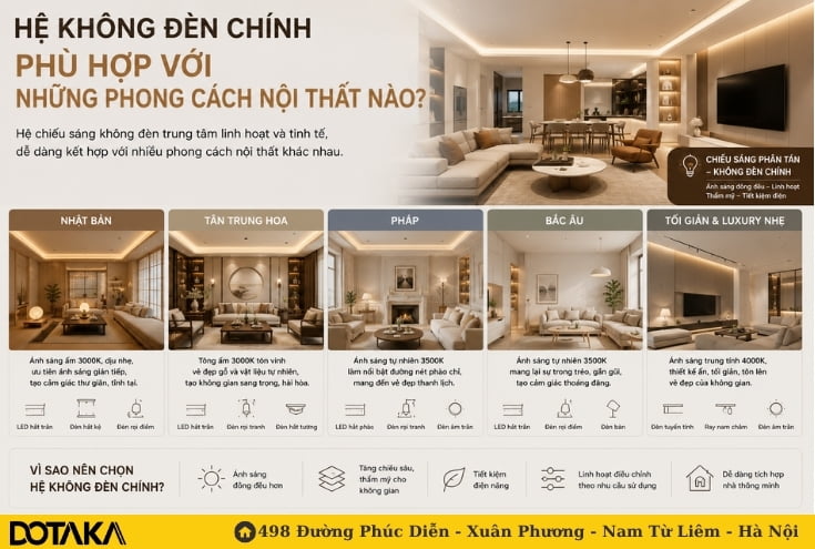 Hệ chiếu sáng không đèn trung tâm ứng dụng linh hoạt cho nhiều phong cách nội thất, từ tối giản đến Tân Trung Hoa.