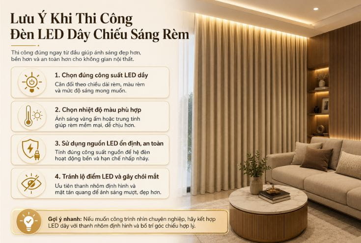  Lưu ý khi thi công đèn LED dây chiếu sáng rèm