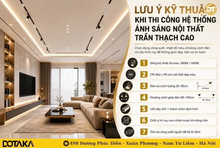 Lưu ý kỹ thuật khi thi công hệ thống ánh sáng nội thất trần thạch cao