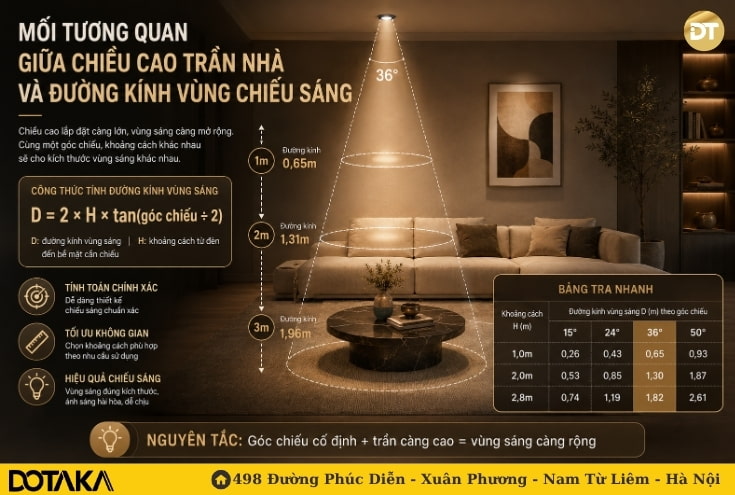 Mối tương quan giữa chiều cao trần nhà và đường kính vùng chiếu sáng
