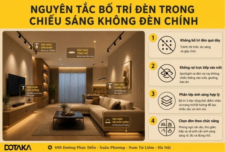 Nguyên tắc bố trí đèn trong thiết kế chiếu sáng không đèn chính