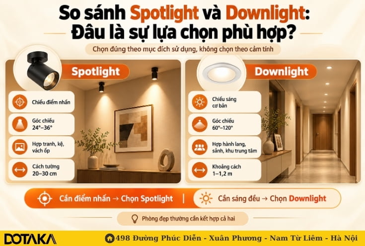 So sánh Spotlight và Downlight: Đâu là sự lựa chọn phù hợp?