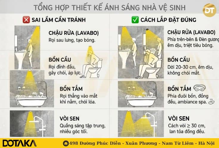 Tổng hợp hình ảnh thiết kế ánh sáng nhà vệ sinh đúng - sai