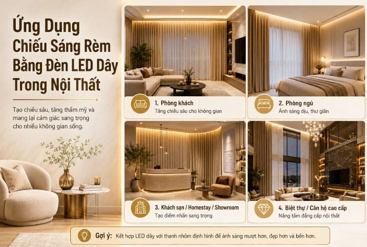 Ứng dụng chiếu sáng rèm bằng đèn LED dây trong nội thất