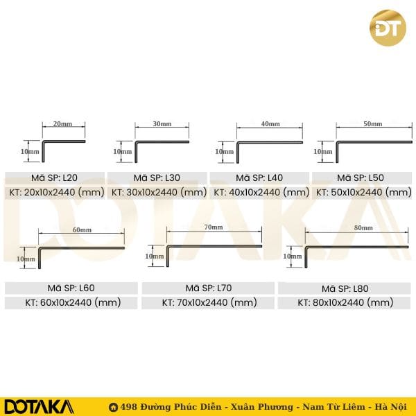 Những kích thước của Nẹp inox chữ L