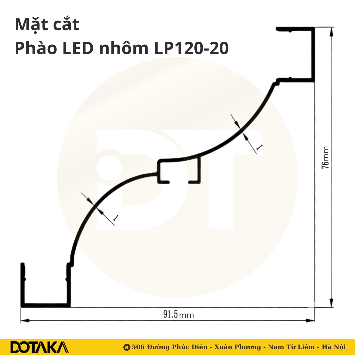 Bản vẽ mặt cắt phào cổ trần LED nhôm LP120-20 kích thước 91,5 x 76mm